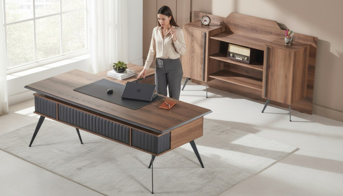 Werkruimte-set, 2-delig, bureautafel, dressoir, opbergruimte, bruin, effen kleur.
