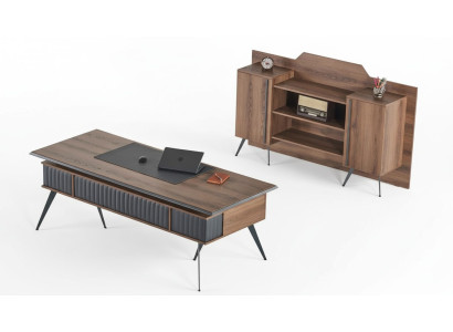 Werkruimte-set, 2-delig, bureautafel, dressoir, opbergruimte, bruin, effen kleur.