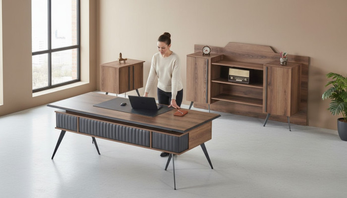 Werkkamer-set 3-delig bureautafel dressoir commode bruin grijs tweekleurig
