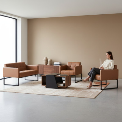 Werkkamer-Set Bruin 4-delig 2-zitter 2x Fauteuil Salontafel Effen Stijl