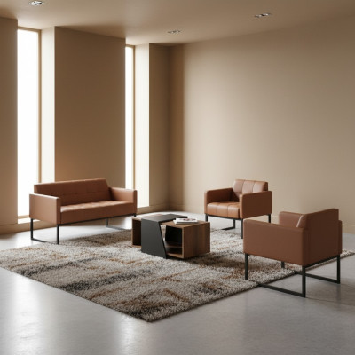 Werkkamer-Set Bruin 4-delig 2-zitter 2x Fauteuil Salontafel Effen Stijl