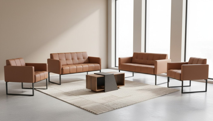 Werkruimte-set 5-delig bruin 2x 2-zits 2x fauteuil salontafel grijs stijl