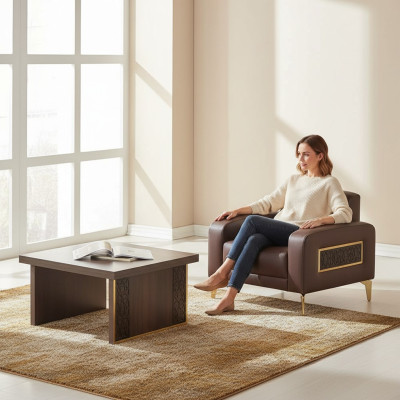 Werkplekinrichting 2-delig Fauteuil met salontafel Woonkamer Bruin Effen