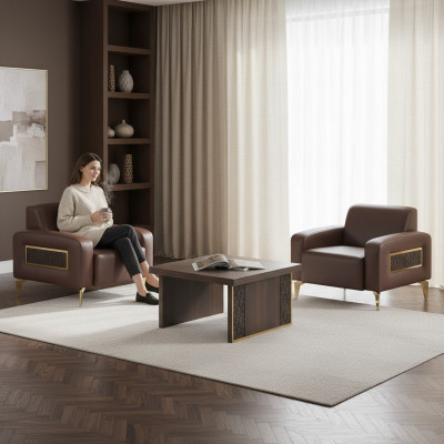 Studeerkamer Set 3-delig 2x Fauteuil Salontafel Bruin Effen Woonkamer