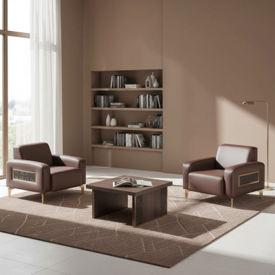 Studeerkamer Set 3-delig 2x Fauteuil Salontafel Bruin Effen Woonkamer