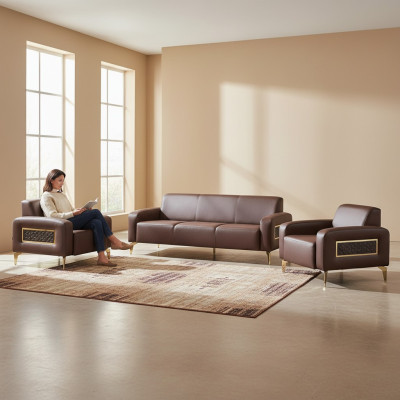 Bureaukamer-set 3-delig 3-zits met 2x fauteuil Bruin Effen Woonkamer