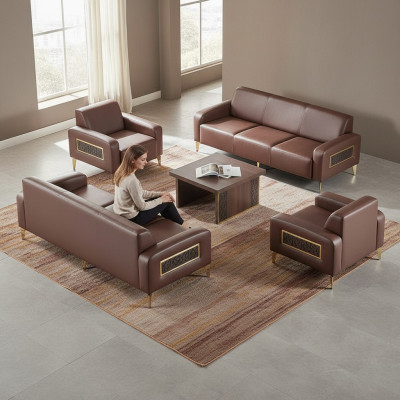 Werkkamerset 4-delig 3-zits 2x fauteuil salontafel bruin woonkamer.