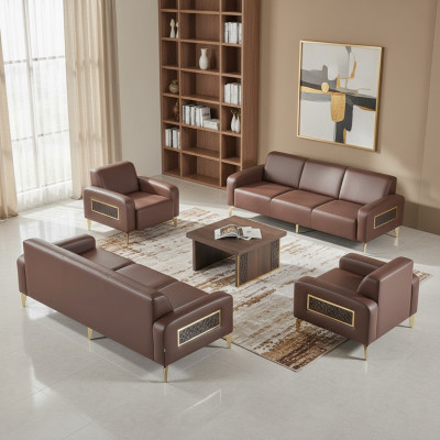 Werkkamerset 4-delig 3-zits 2x fauteuil salontafel bruin woonkamer.