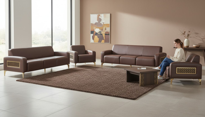 Bruin werkkamer lederen set driezitter 2x fauteuil salontafel