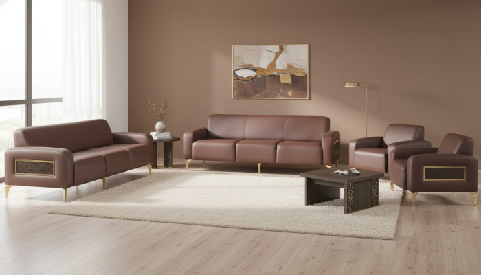Bruin werkkamer lederen set driezitter 2x fauteuil salontafel