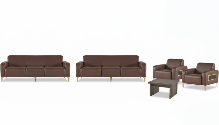 Bruin werkkamer lederen set driezitter 2x fauteuil salontafel
