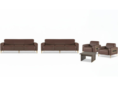 Bruin werkkamer lederen set driezitter 2x fauteuil salontafel