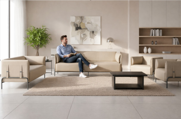 Kantoor-set 5-delig Beige 3-zits 2-zits 2x Fauteuils Grijs Salontafel