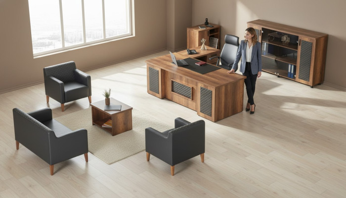Zwart-bruine kantoorinrichting: bureau, dressoir, sofa, fauteuil