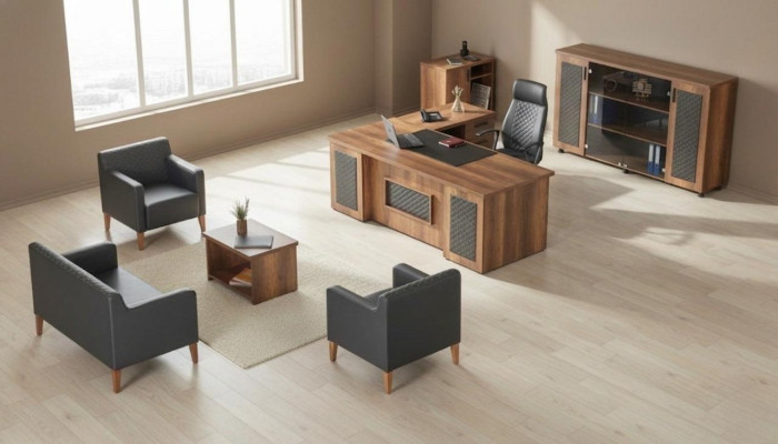 Zwart-bruine kantoorinrichting: bureau, dressoir, sofa, fauteuil