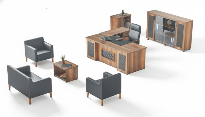 Zwart-bruine kantoorinrichting: bureau, dressoir, sofa, fauteuil