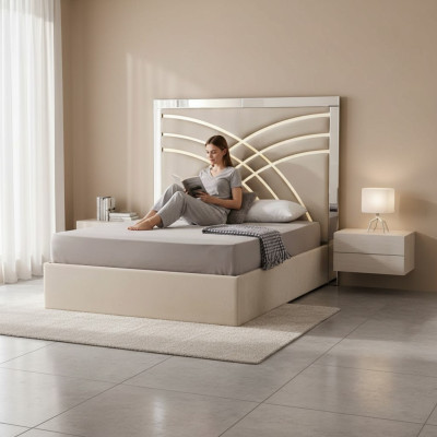 Beige tweepersoonsbed designer slaapkamer bedframe luxueuze meubels