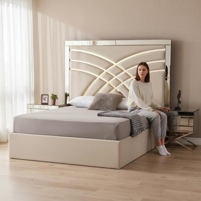 Beige slaapkamermeubels textielbed luxe hout 2x nachtkastjes 3-delig