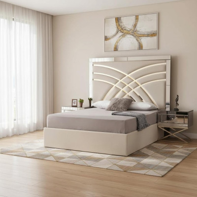 Beige slaapkamermeubels textielbed luxe hout 2x nachtkastjes 3-delig