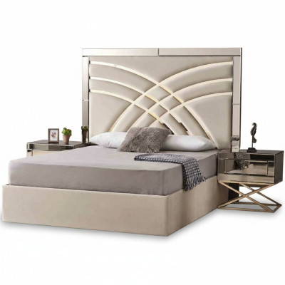 Beige slaapkamermeubels textielbed luxe hout 2x nachtkastjes 3-delig