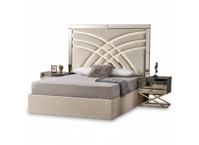 Beige slaapkamermeubels textielbed luxe hout 2x nachtkastjes 3-delig