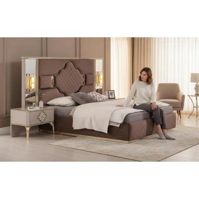 Bruin-Beige Exclusieve Slaapkamerset Tweepersoonsbed 2x Nachtkastjes