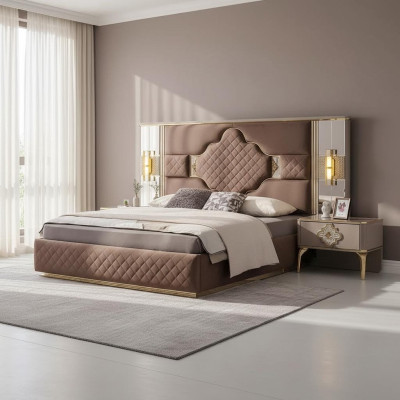 Bruin-Beige Exclusieve Slaapkamerset Tweepersoonsbed 2x Nachtkastjes
