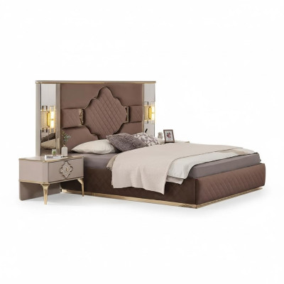 Bruin-Beige Exclusieve Slaapkamerset Tweepersoonsbed 2x Nachtkastjes