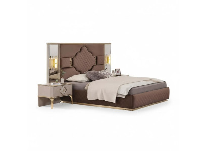 Bruin-Beige Exclusieve Slaapkamerset Tweepersoonsbed 2x Nachtkastjes