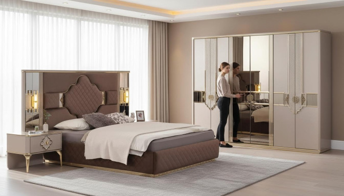 Bruin-beige slaapkamer set kledingkast, gestoffeerd bed, nachtkastjes