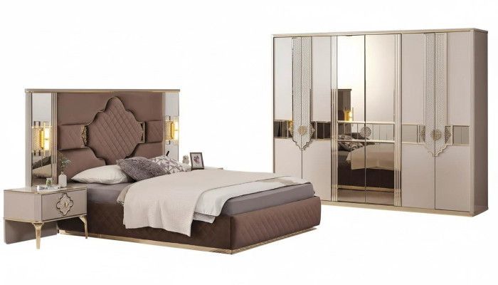 Bruin-beige slaapkamer set kledingkast, gestoffeerd bed, nachtkastjes
