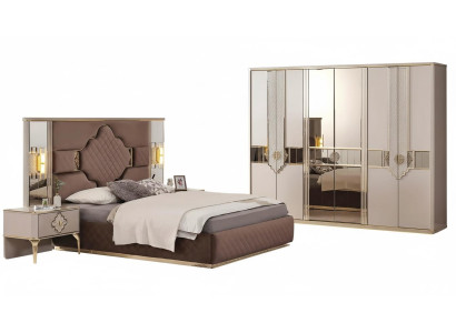 Bruin-beige slaapkamer set kledingkast, gestoffeerd bed, nachtkastjes