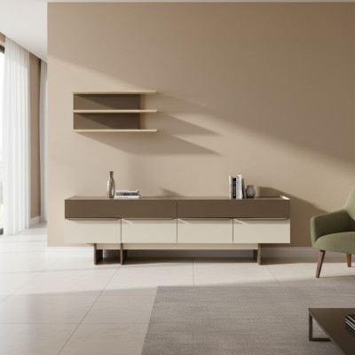 Beige-bruine woonkamer set houten meubels elegant dressoir wandplank