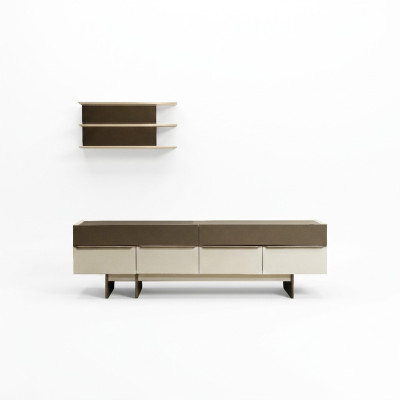 Beige-bruine woonkamer set houten meubels elegant dressoir wandplank