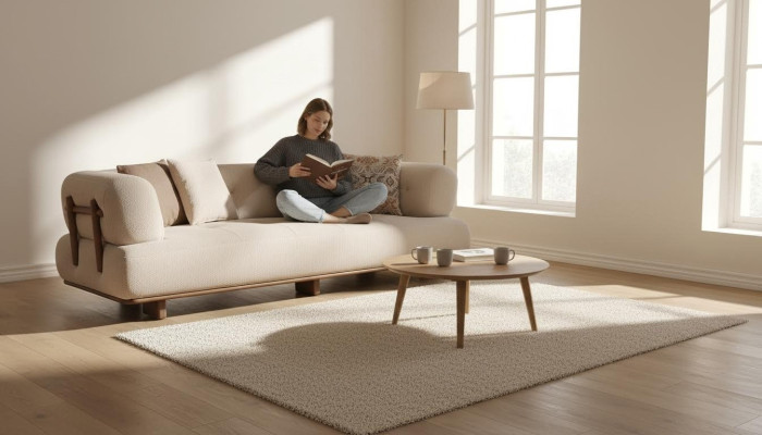 Beige woonkamer gestoffeerde bank designer driezitsbank luxe zitmeubelen