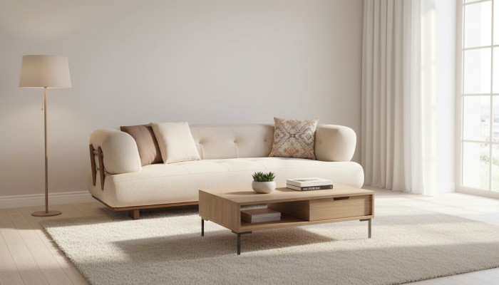 Beige woonkamer gestoffeerde bank designer driezitsbank luxe zitmeubelen