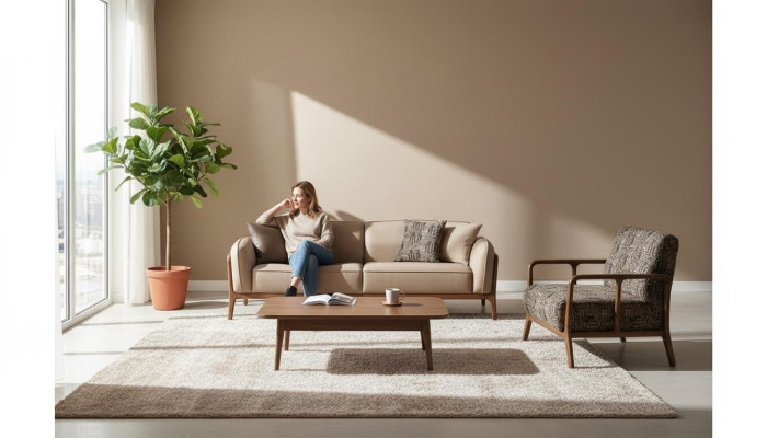 Beige stijlvolle driezitsbank woonkamer zitmeubel gestoffeerde stoel