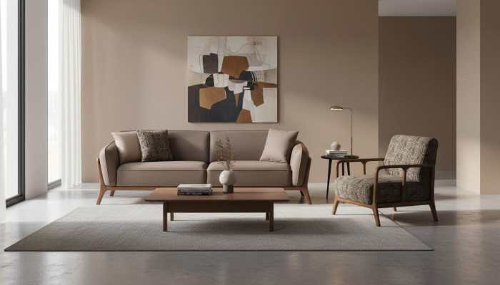 Bruine Moderne 3-zitsbank Woonkamer Fauteuil 2-delig Elegante Zitgroep
