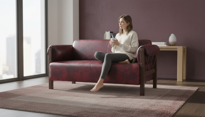Bank Bordeaux Lederen Sofa 2-zitter Leder Hout Modern Sofa Armleuningen