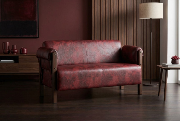 Bank Bordeaux Lederen Sofa 2-zitter Leder Hout Modern Sofa Armleuningen