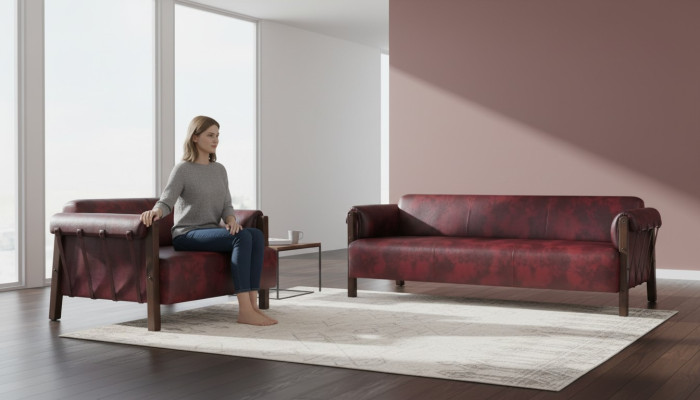 Bank Ledesofa's 3-zitsbank 2-zitsbank Bordeaux Modern Stijl Leder Hout Set