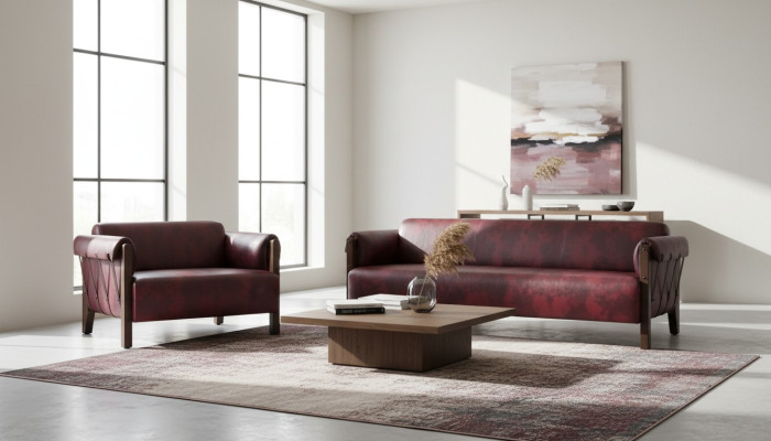 Bank Ledesofa's 3-zitsbank 2-zitsbank Bordeaux Modern Stijl Leder Hout Set