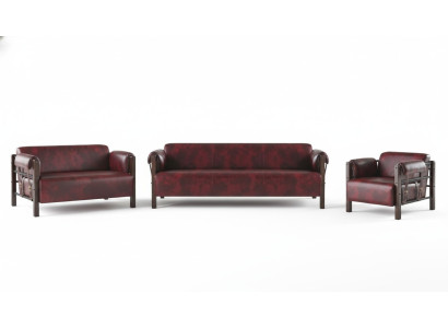 Bank Bordeaux lederen sofa's hout compleet 3-delig 3-zit 2-zit fauteuil
