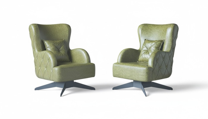 Chesterfield set fauteuil groen stoffering klassiek roestvrijstalen poten lederen kussen.