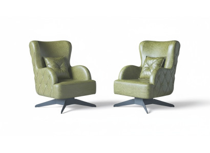 Chesterfield set fauteuil groen stoffering klassiek roestvrijstalen poten lederen kussen.