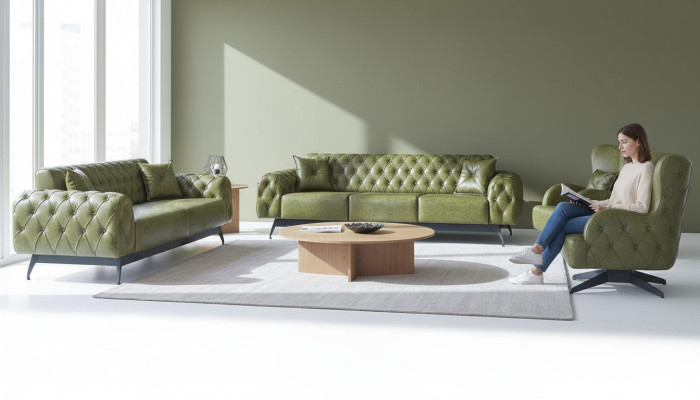 Chesterfield gestoffeerde 3-zits 2-zits fauteuil groen set klassiek leder 4-delig.