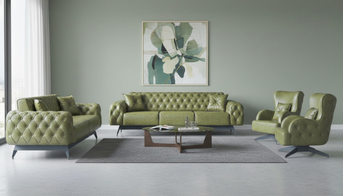 Chesterfield gestoffeerde 3-zits 2-zits fauteuil groen set klassiek leder 4-delig.