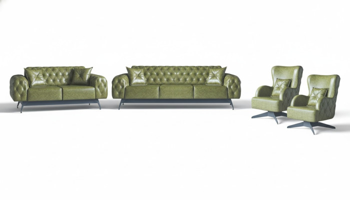 Chesterfield gestoffeerde 3-zits 2-zits fauteuil groen set klassiek leder 4-delig.