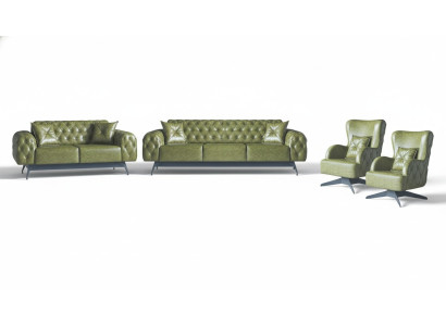 Chesterfield gestoffeerde 3-zits 2-zits fauteuil groen set klassiek leder 4-delig.