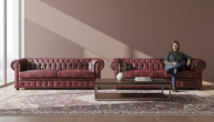 Chesterfield 3-Zits Bank Bordeaux Sofa's Klassiek Lederen Sofa's Hout 2-delig